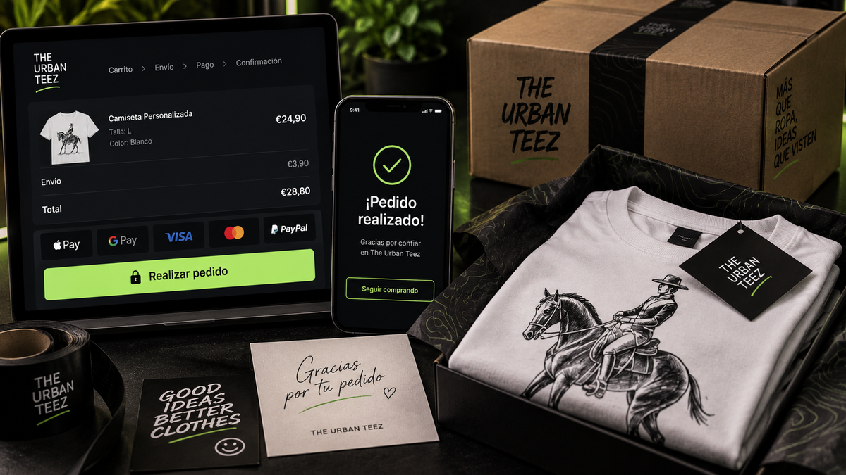 Espacio creativo de The Urban Teez con prendas y herramientas de personalización